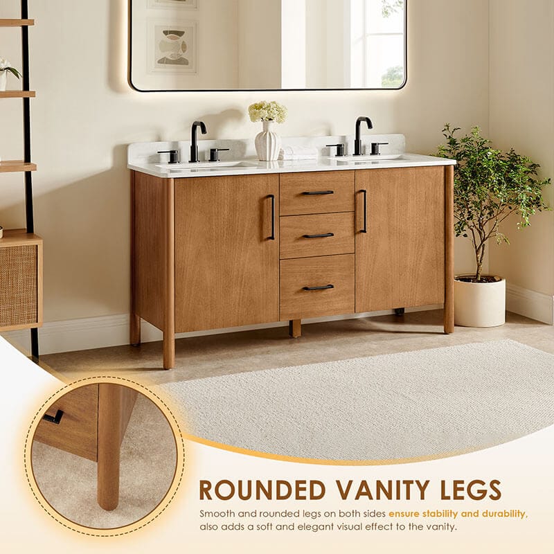 Velora 60 inch Double Bathroom Vanity with Top Mango Brown Rounded Legs