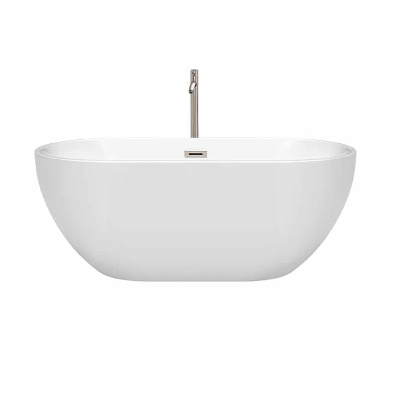 Wyndham Collection Brooklyn 60 Inch Freestanding Acrylic White Bathtub With Brushed Nickel Trim Front View