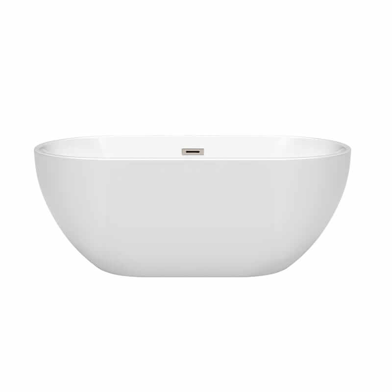 Wyndham Collection Brooklyn 60 Inch Freestanding Acrylic White Bathtub With Brushed Nickel Trim No Faucet Front View