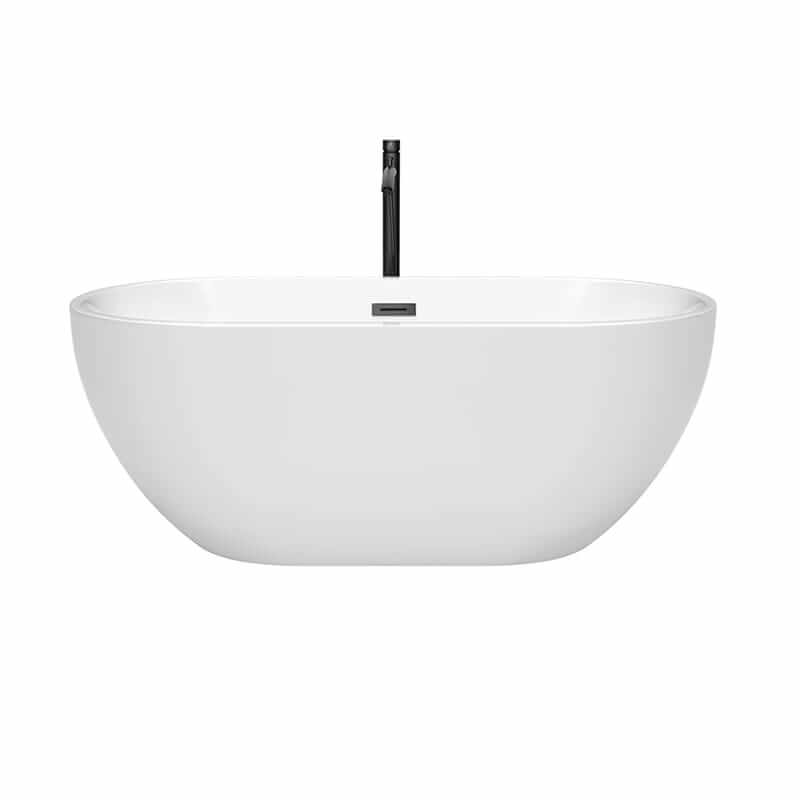 Wyndham Collection Brooklyn 60 Inch Freestanding Acrylic White Bathtub With Matte Black Trim Front View