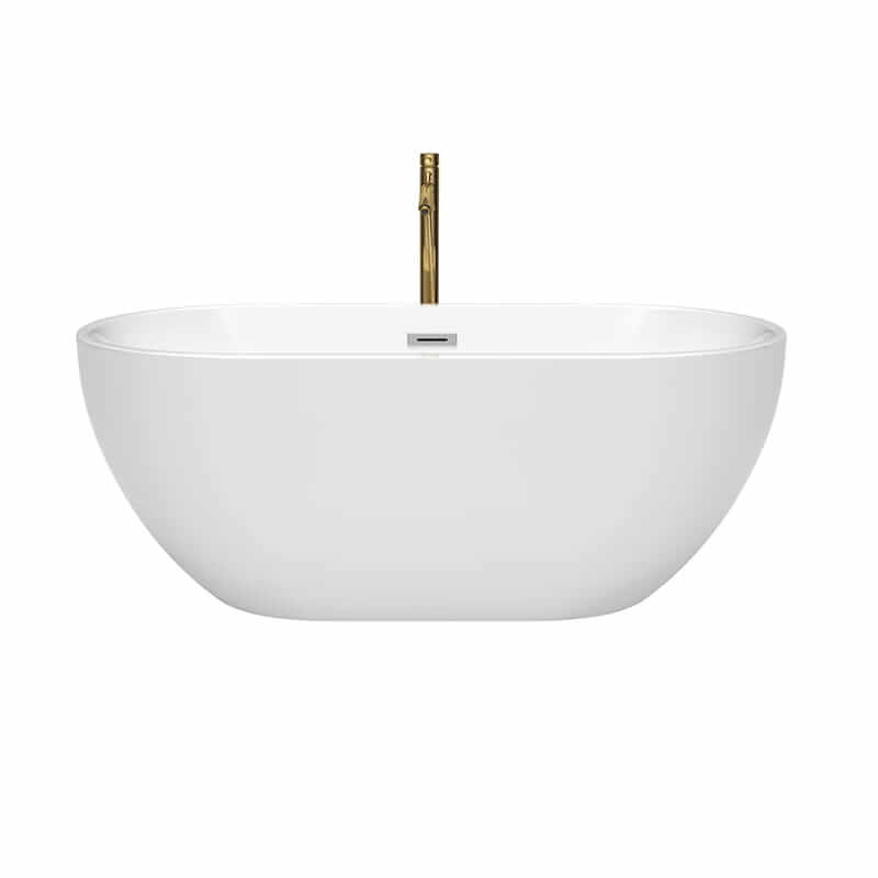 Wyndham Collection Brooklyn 60 Inch Freestanding Acrylic White Bathtub With Polished Chrome Trim and Brushed Gold Faucet Front View
