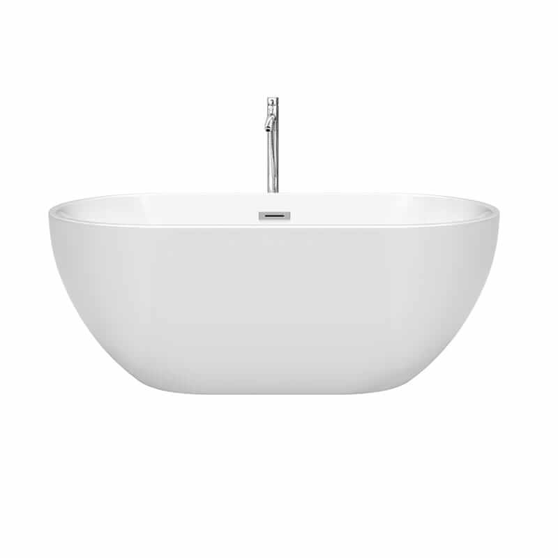 Wyndham Collection Brooklyn 60 Inch Freestanding Acrylic White Bathtub With Polished Chrome Trim Front View