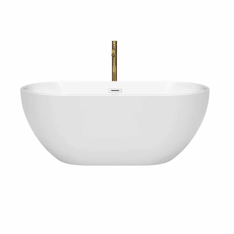 Wyndham Collection Brooklyn 60 Inch Freestanding Acrylic White Bathtub With Shiny White Trim and Brushed Gold Faucet Front View