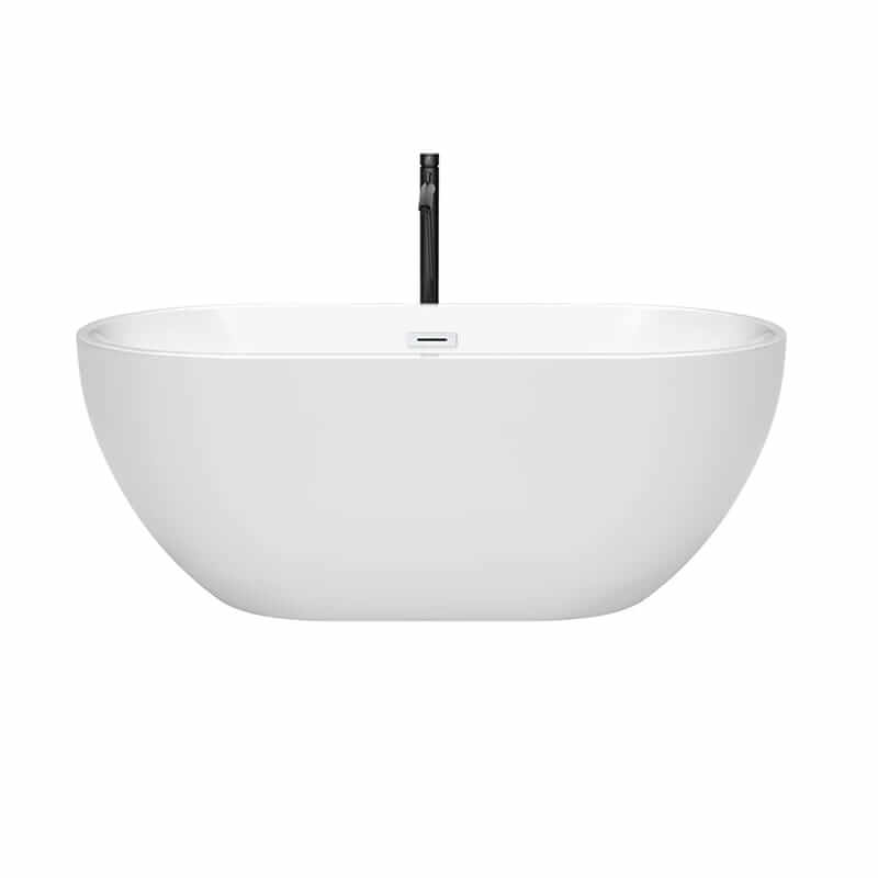 Wyndham Collection Brooklyn 60 Inch Freestanding Acrylic White Bathtub With Shiny White Trim and Matte Black Faucet Front View