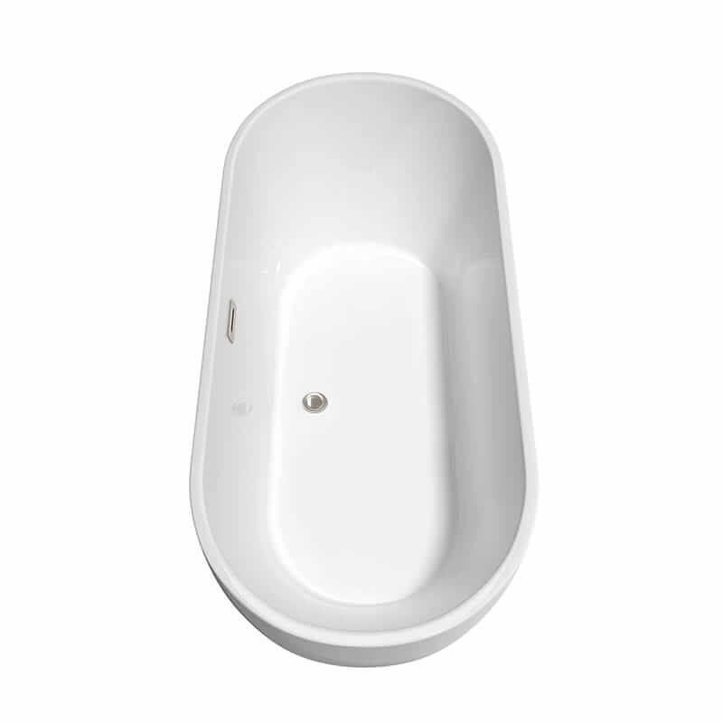 Wyndham Collection Brooklyn 67" Freestanding Acrylic White Bathtub With Brushed Nickel Trim No Faucet Top Side View