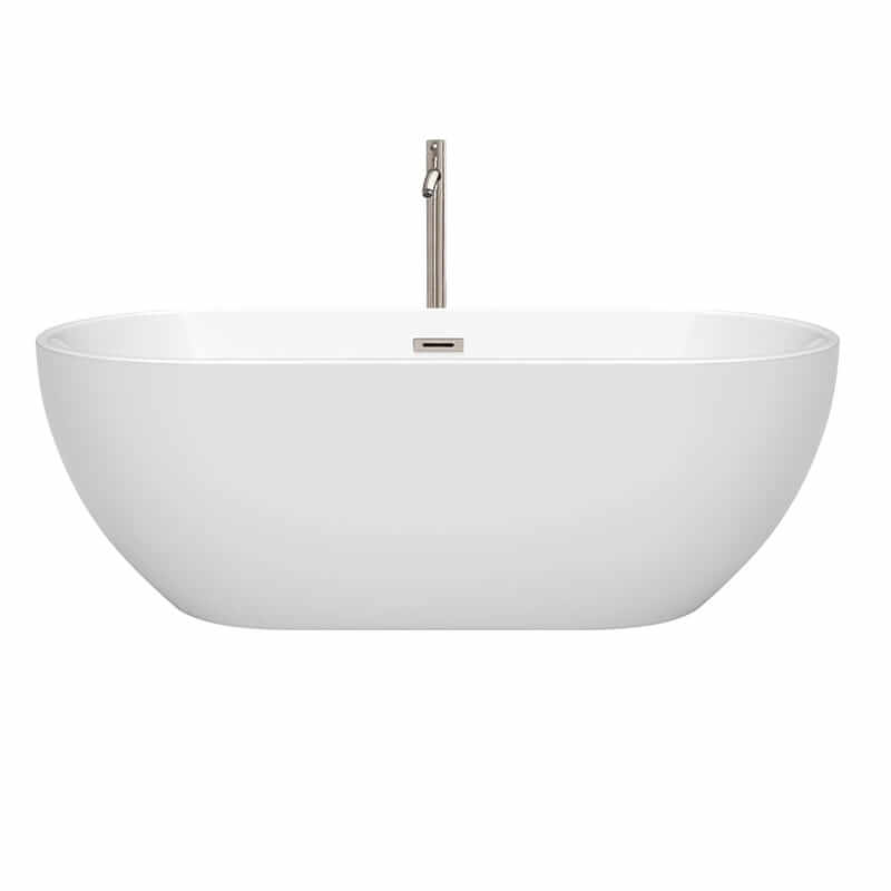 Wyndham Collection Brooklyn 67 Inch Freestanding Acrylic White Bathtub With Brushed Nickel Trim Front View