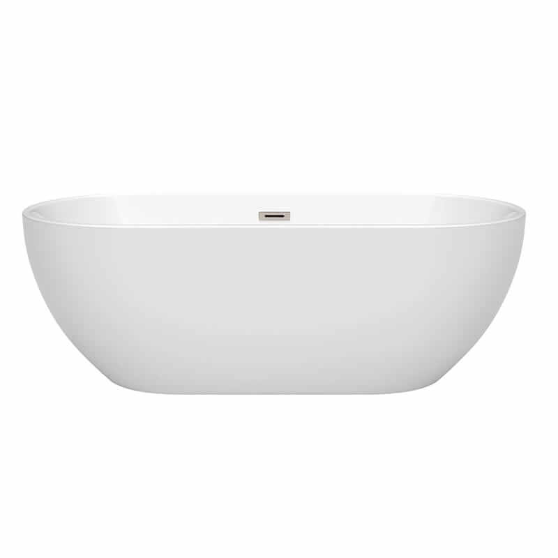 Wyndham Collection Brooklyn 67 Inch Freestanding Acrylic White Bathtub With Brushed Nickel Trim No Faucet Front View