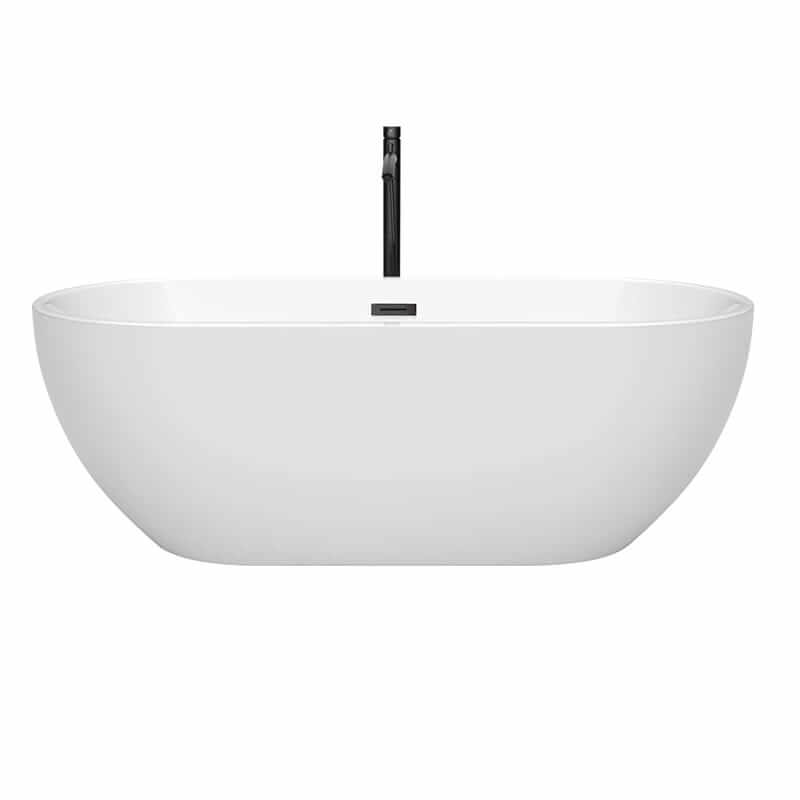 Wyndham Collection Brooklyn 67 Inch Freestanding Acrylic White Bathtub With Matte Black Trim Front View