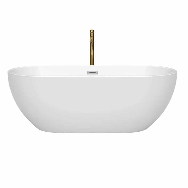 Wyndham Collection Brooklyn 67 Inch Freestanding Acrylic White Bathtub With Polished Chrome Trim and Brushed Gold Faucet Front View