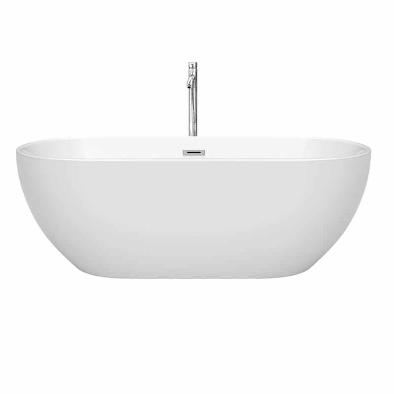 Wyndham Collection Brooklyn 67 Inch Freestanding Acrylic White Bathtub With Polished Chrome Trim Front View