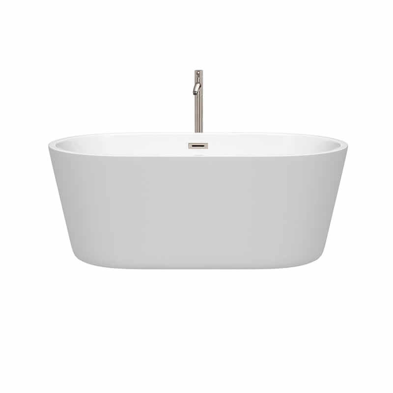 Wyndham Collection Carissa 60 Inch Freestanding Acrylic White Bathtub With Brushed Nickel Trim Front View