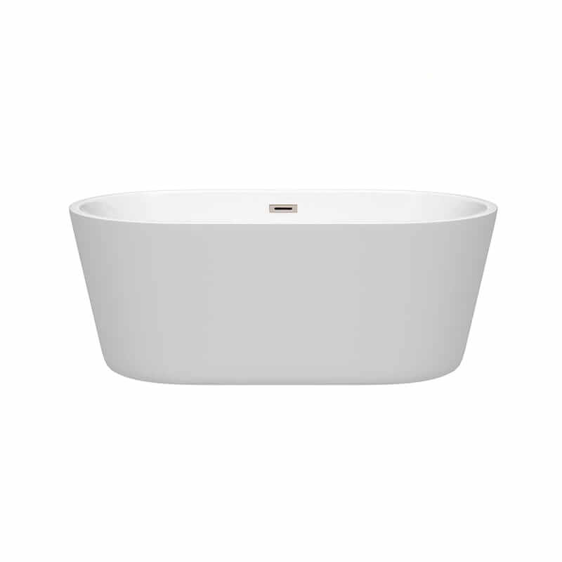 Wyndham Collection Carissa 60 Inch Freestanding Acrylic White Bathtub With Brushed Nickel Trim No Faucet Front View
