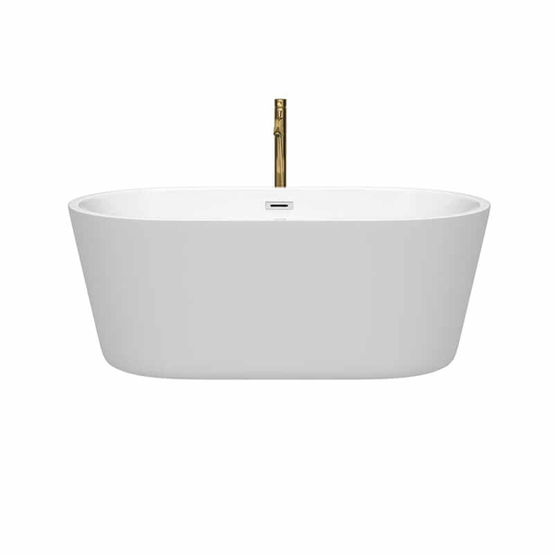 Wyndham Collection Carissa 60 Inch Freestanding Acrylic White Bathtub With Polished Chrome Trim and Brushed Gold Faucet Front View