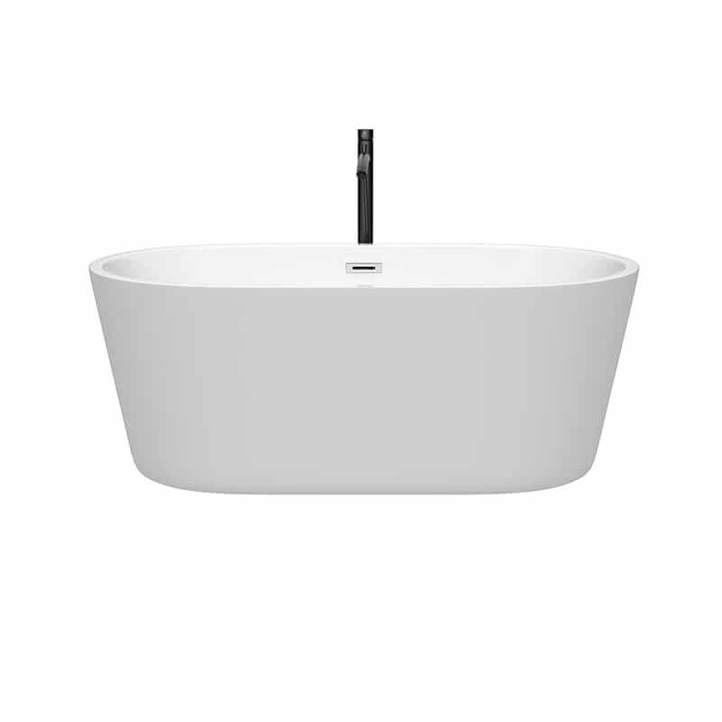 Wyndham Collection Carissa 60 Inch Freestanding Acrylic White Bathtub With Polished Chrome Trim and Matte Black Faucet Front View