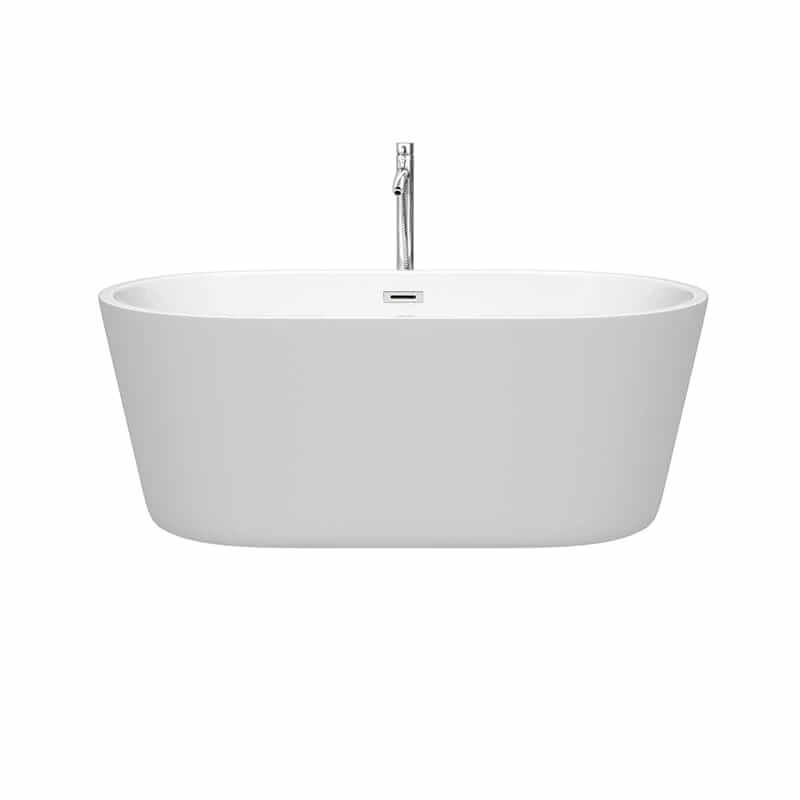 Wyndham Collection Carissa 60 Inch Freestanding Acrylic White Bathtub With Polished Chrome Trim Front View