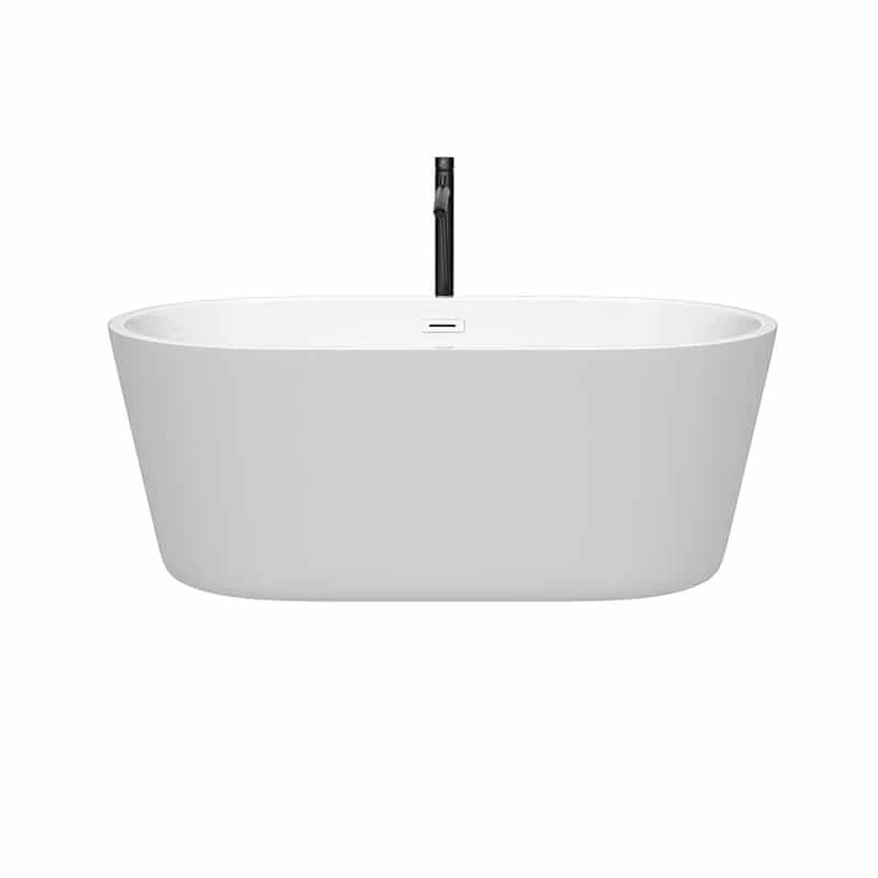 Wyndham Collection Carissa 60 Inch Freestanding Acrylic White Bathtub With Shiny White Trim and Matte Black Faucet Front View