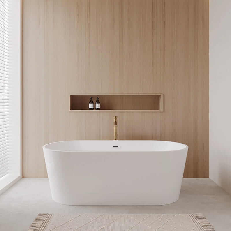 Wyndham Collection Carissa 67" Freestanding Acrylic White Bathtub With Shiny White Trim and Brushed Gold Faucet Lifestyle