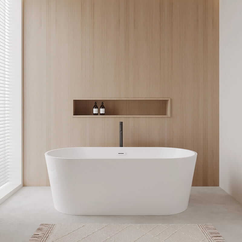 Wyndham Collection Carissa 67" Freestanding Acrylic White Bathtub With Shiny White Trim and Matte Black Faucet Lifestyle