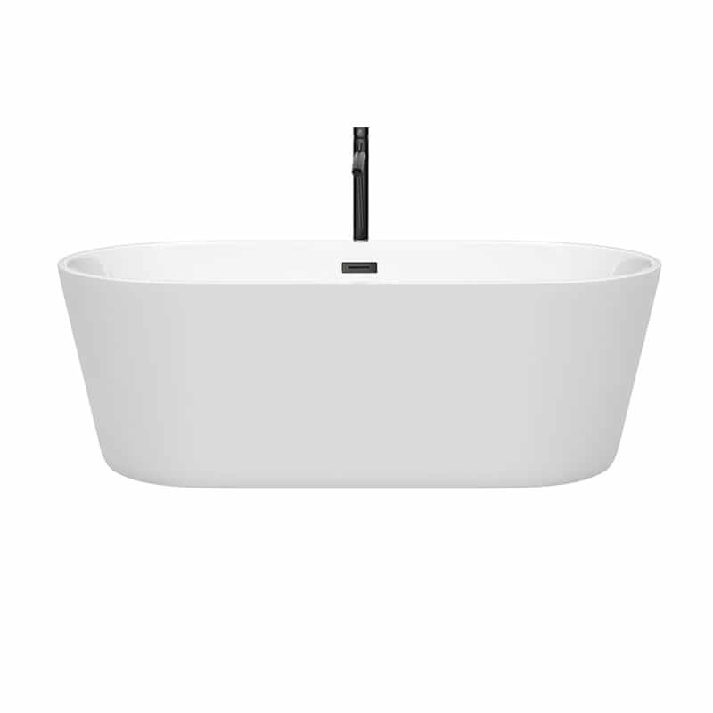 Wyndham Collection Carissa 67 Inch Freestanding Acrylic White Bathtub With Matte Black Trim Front View