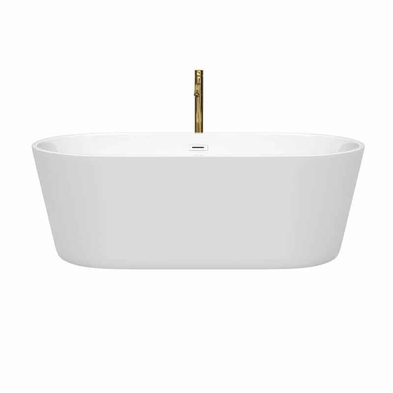 Wyndham Collection Carissa 67 Inch Freestanding Acrylic White Bathtub With Shiny White Trim and Brushed Gold Faucet Front View