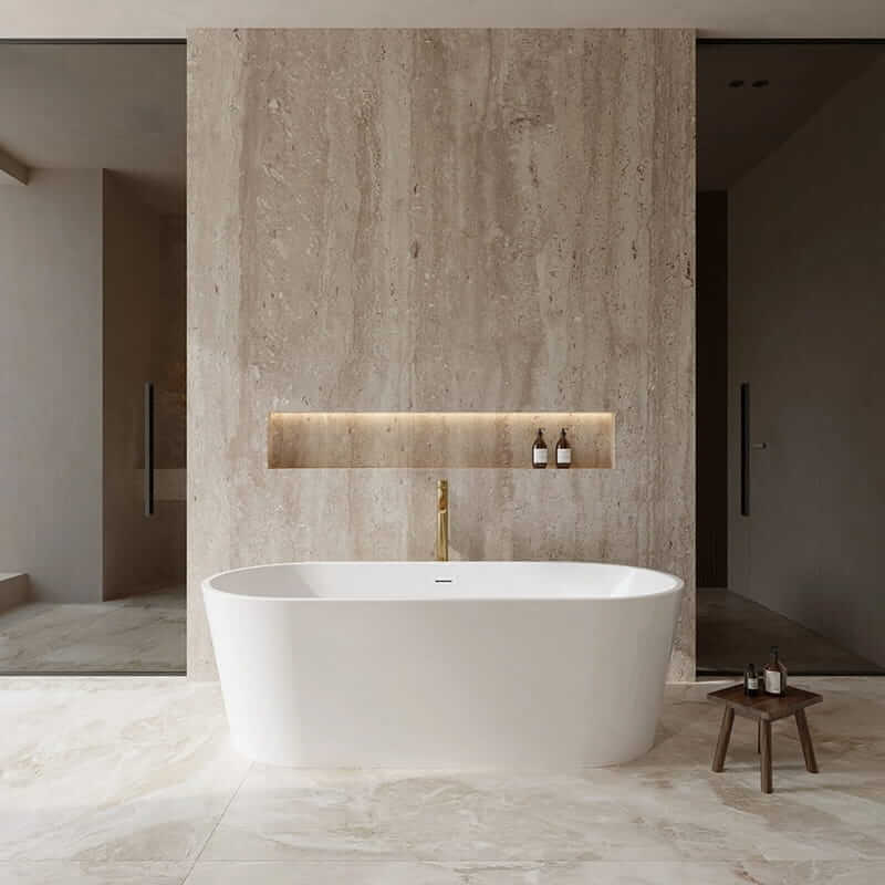 Wyndham Collection Carissa 71" Freestanding Acrylic White Bathtub With Shiny White Trim and Brushed Gold Faucet Lifestyle