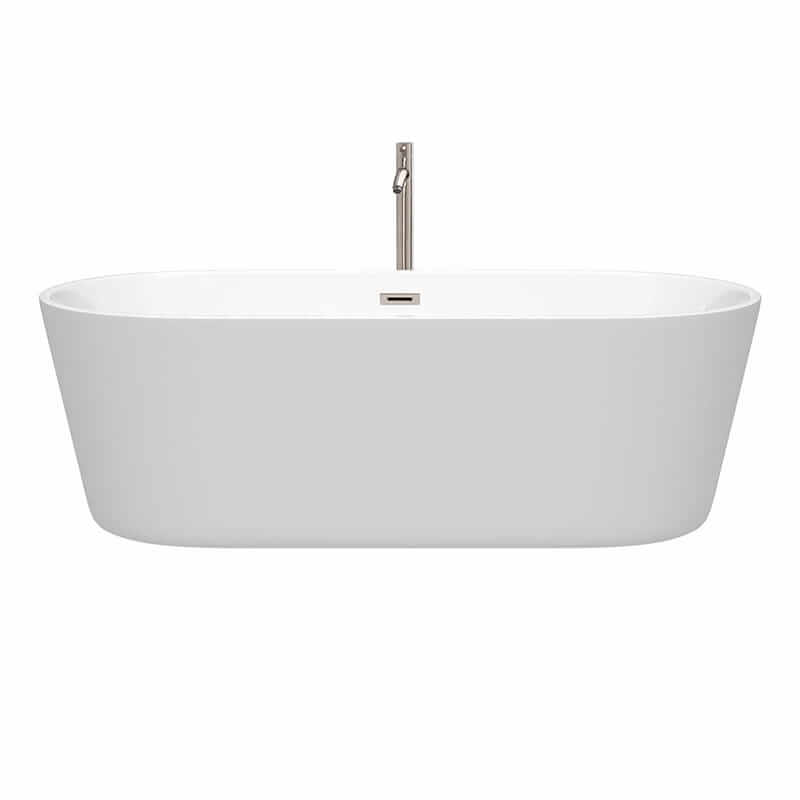 Wyndham Collection Carissa 71 Inch Freestanding Acrylic White Bathtub With Brushed Nickel Trim Front View