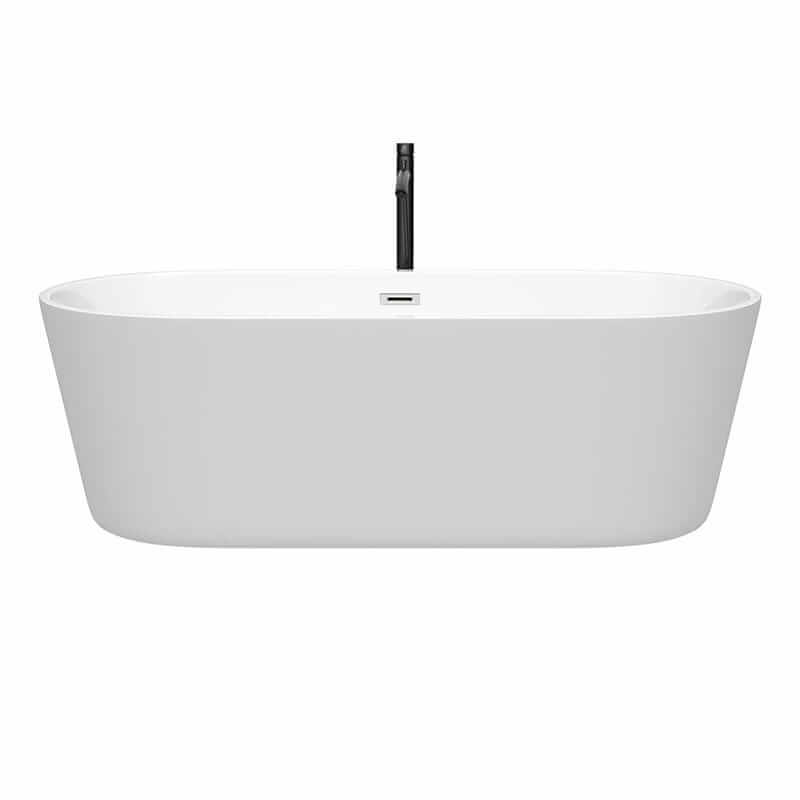 Wyndham Collection Carissa 71 Inch Freestanding Acrylic White Bathtub With Polished Chrome Trim and Matte Black Faucet Front View