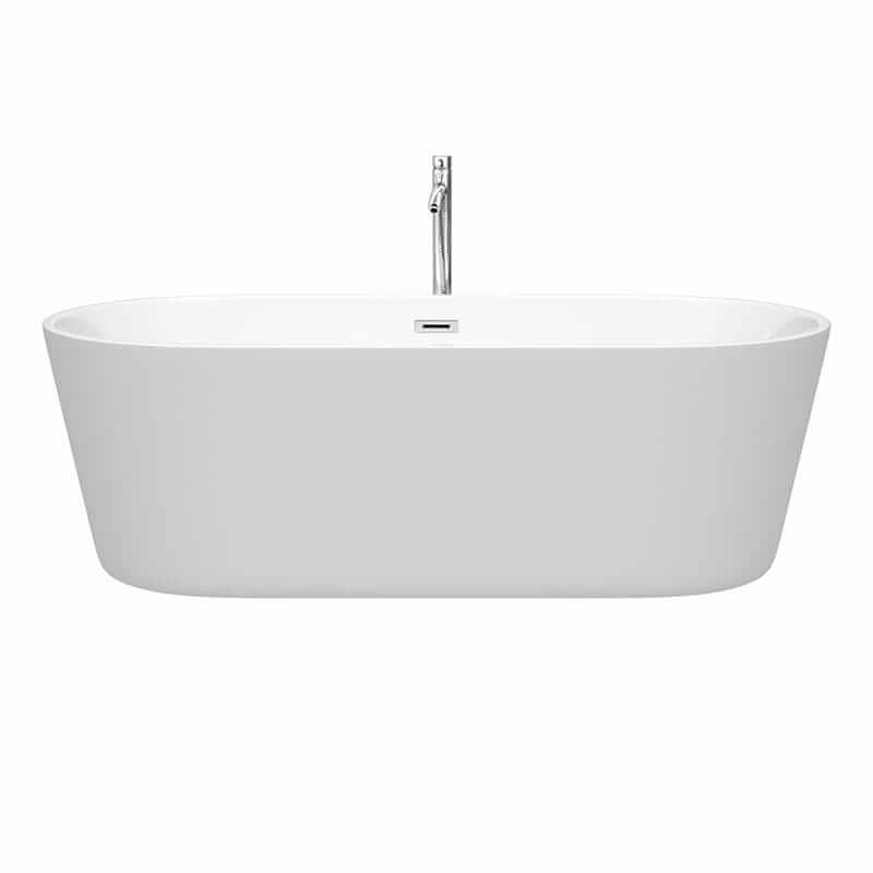 Wyndham Collection Carissa 71 Inch Freestanding Acrylic White Bathtub With Polished Chrome Trim Front View