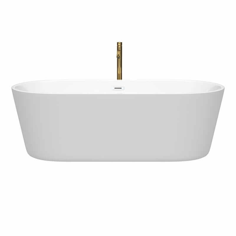 Wyndham Collection Carissa 71 Inch Freestanding Acrylic White Bathtub With Shiny White Trim and Brushed Gold Faucet Front View
