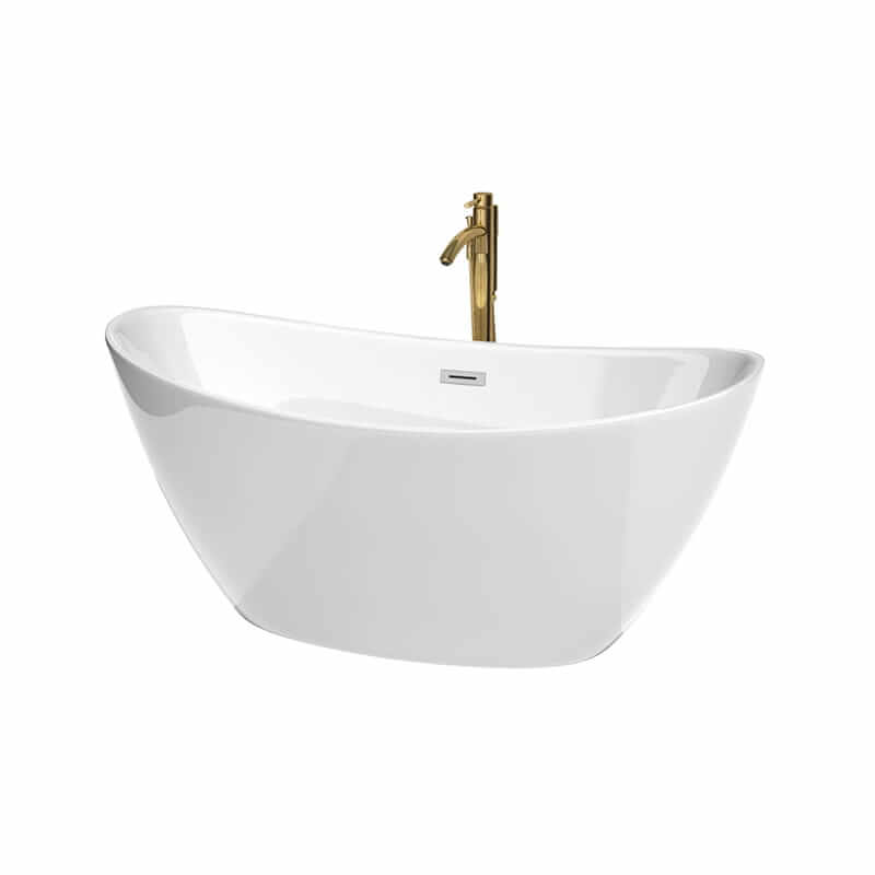 Wyndham Collection Dorrit 60 Inch Freestanding Acrylic White Bathtub With Polished Chrome Trim and Brushed Gold Faucet Top Front View