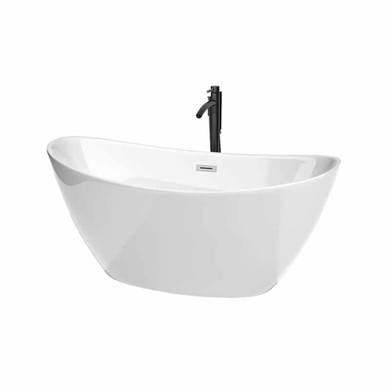 Wyndham Collection Dorrit 60 Inch Freestanding Acrylic White Bathtub With Polished Chrome Trim and Matte Black Faucet Top Front View