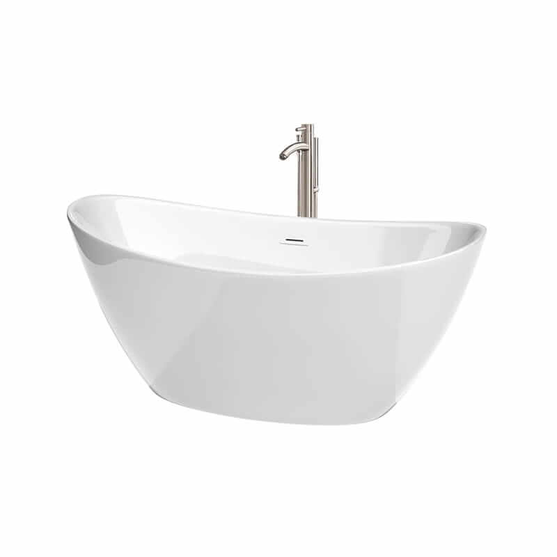 Wyndham Collection Dorrit 60 Inch Freestanding Acrylic White Bathtub With Shiny White Trim and Brushed Nickel Faucet Top Front View