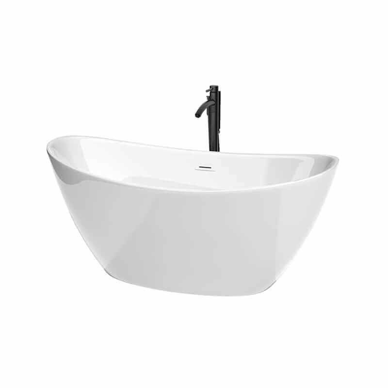Wyndham Collection Dorrit 60 Inch Freestanding Acrylic White Bathtub With Shiny White Trim and Matte Black Faucet Top Front View