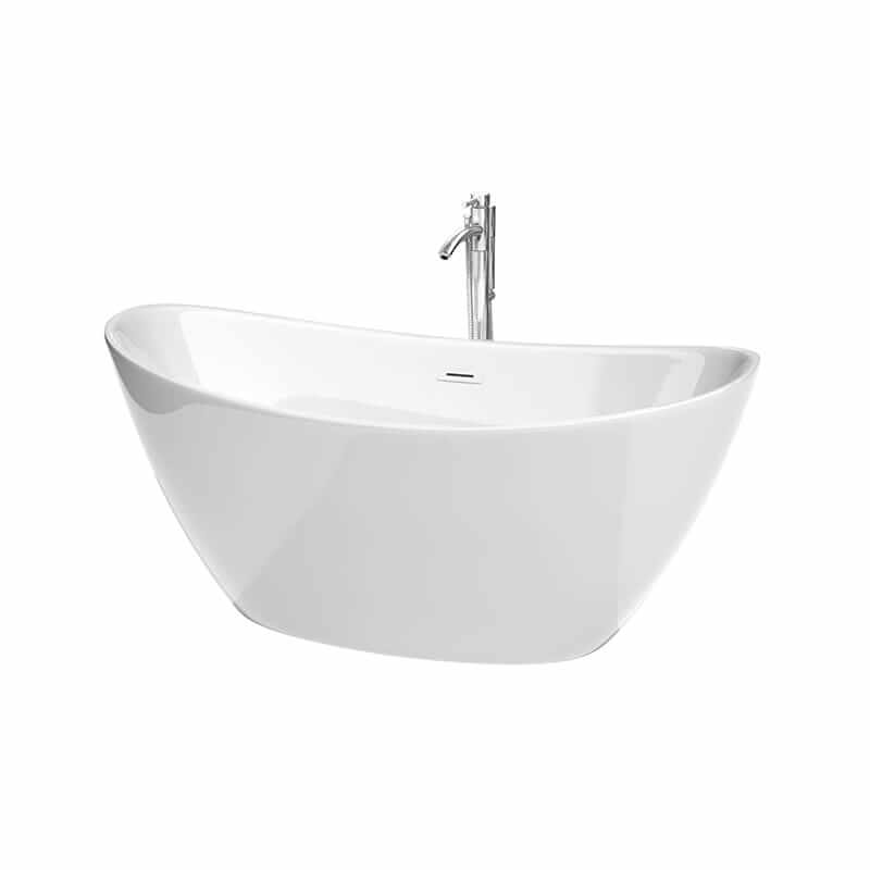Wyndham Collection Dorrit 60 Inch Freestanding Acrylic White Bathtub With Shiny White Trim and Polished Chrome Faucet Top Front View