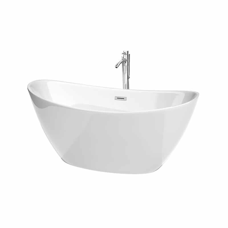 Wyndham Collection Dorrit 60 Inch Freestanding Acrylic White Bathtub With With Polished Chrome Trim Top Front View