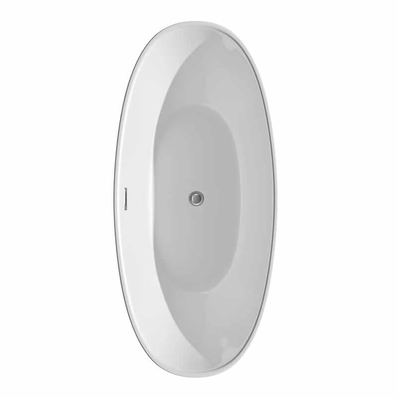 Wyndham Collection Dorrit 66" Freestanding Acrylic White Bathtub With Polished Chrome Trim No Faucet Top Side View