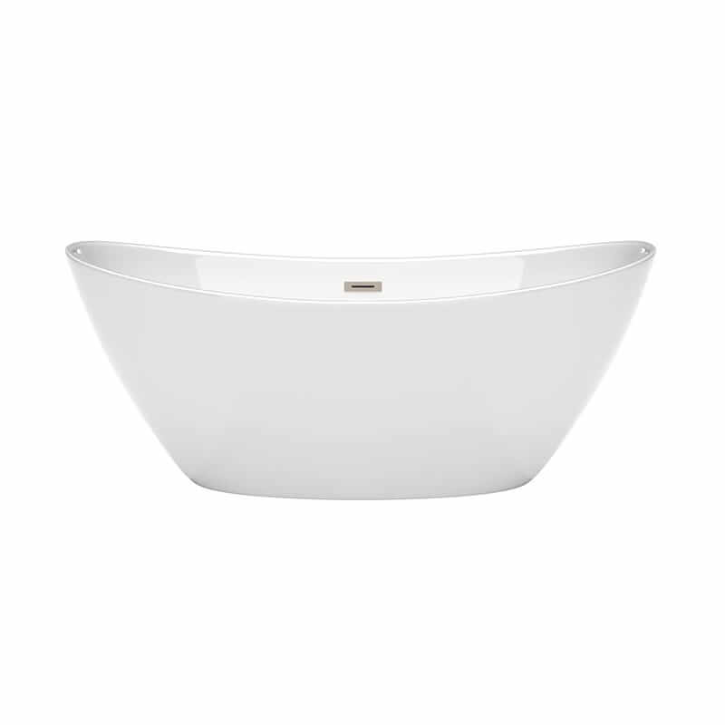 Wyndham Collection Dorrit 66 Inch Freestanding Acrylic White Bathtub With Brushed Nickel Trim No Faucet Front View