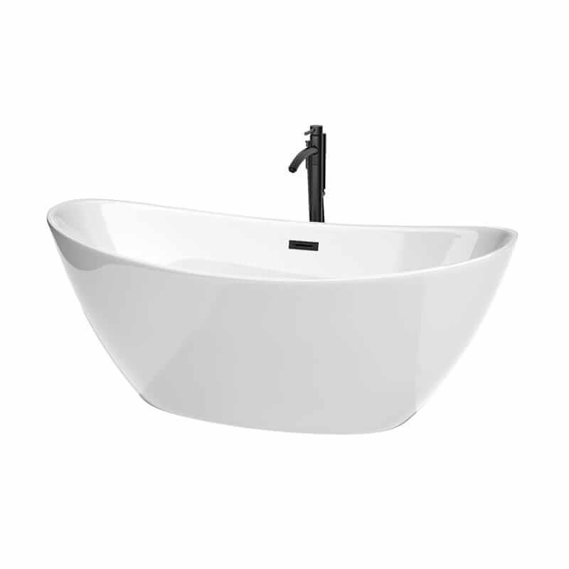 Wyndham Collection Dorrit 66 Inch Freestanding Acrylic White Bathtub With Matte Black Trim Top Front View
