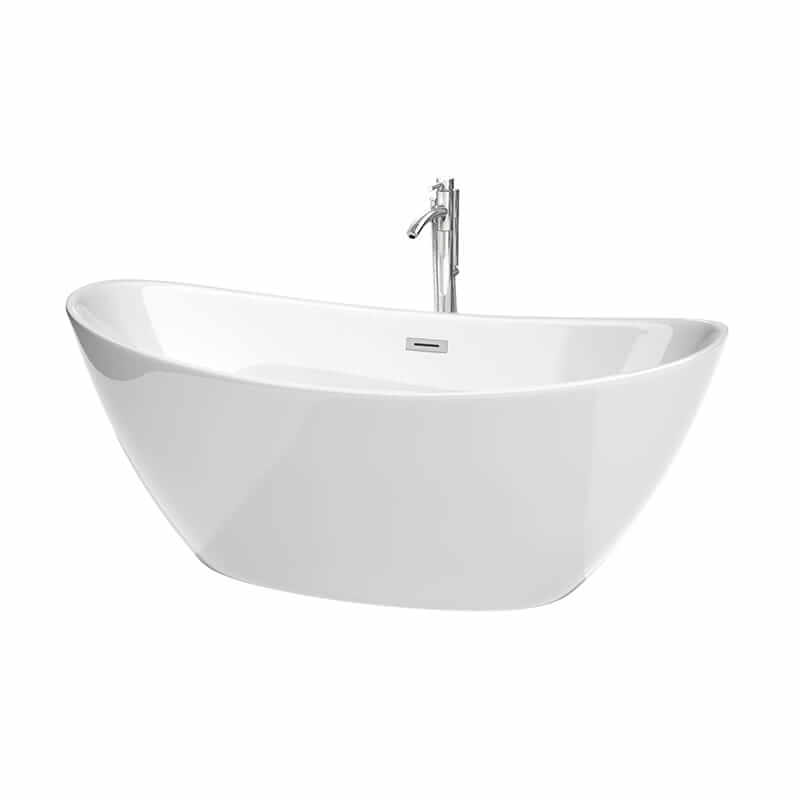 Wyndham Collection Dorrit 66 Inch Freestanding Acrylic White Bathtub With Polished Chrome Trim Top Front View