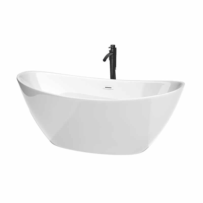 Wyndham Collection Dorrit 66 Inch Freestanding Acrylic White Bathtub With Shiny White Trim and Matte Black Faucet Top Front View