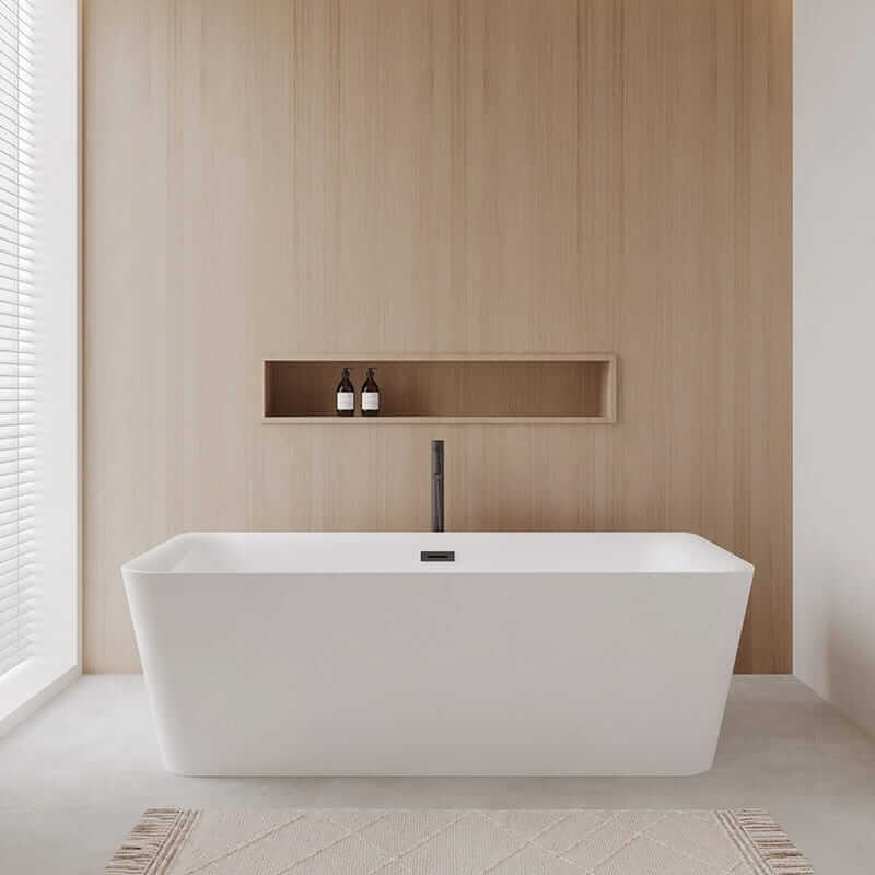 Wyndham Collection Emily 69" Freestanding Acrylic White Bathtub With Matte Black Trim Lifestyle