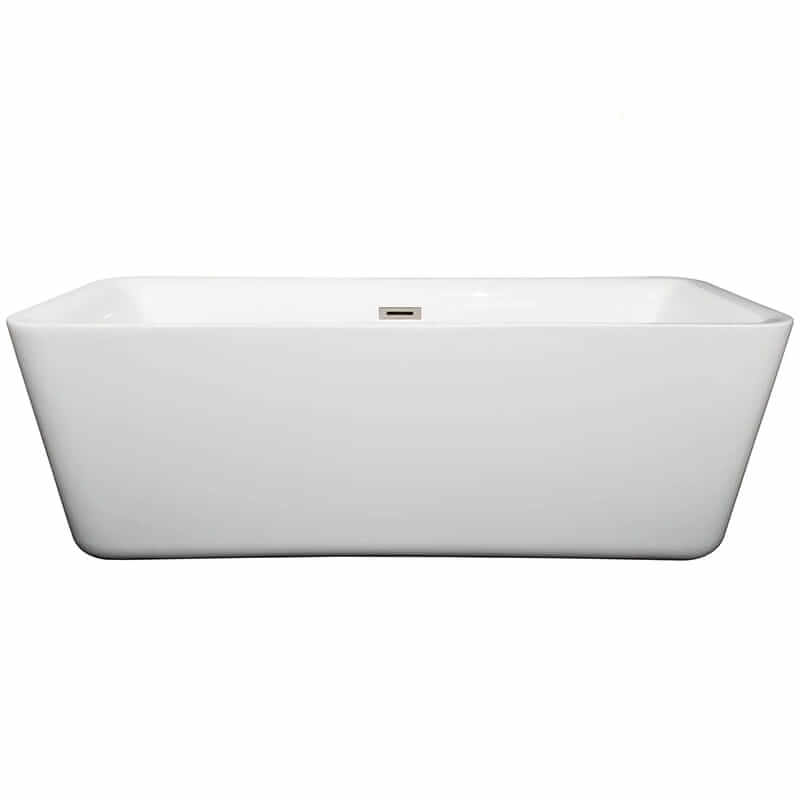 Wyndham Collection Emily 69 Inch Freestanding Acrylic White Bathtub With Brushed Nickel Trim No Faucet Front View