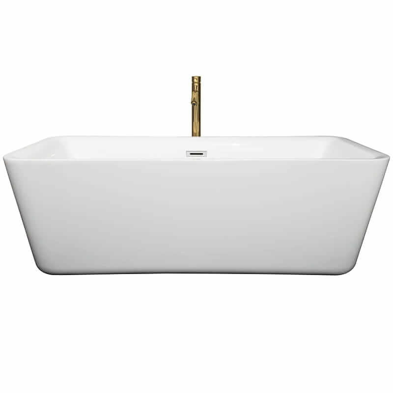 Wyndham Collection Emily 69 Inch Freestanding Acrylic White Bathtub With Polished Chrome Trim and Brushed Gold Faucet Front View