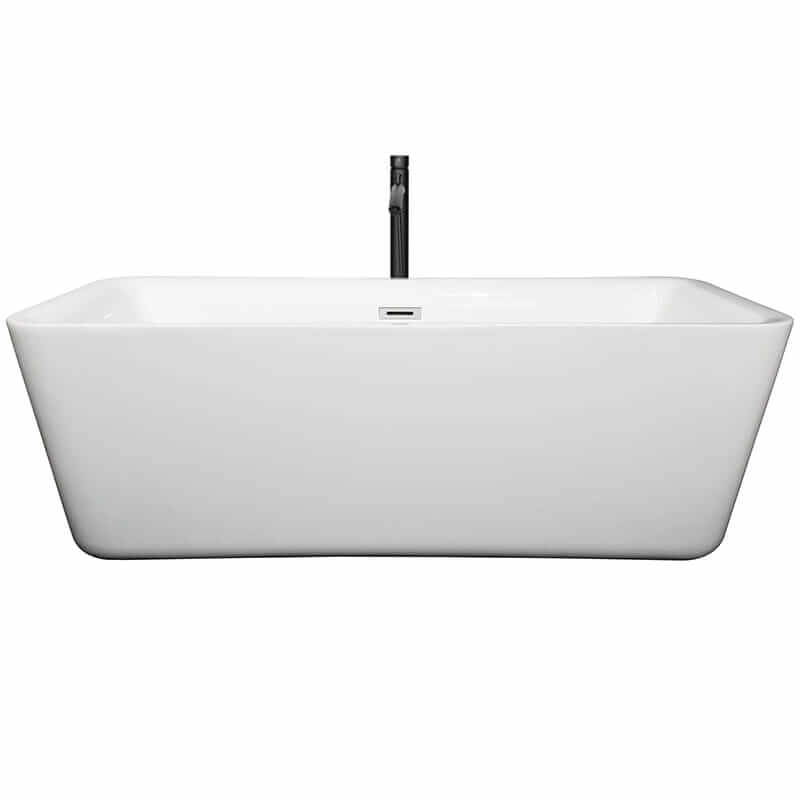 Wyndham Collection Emily 69 Inch Freestanding Acrylic White Bathtub With Polished Chrome Trim and Matte Black Faucet Front View