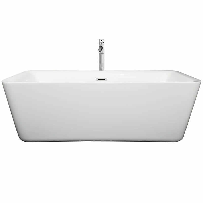 Wyndham Collection Emily 69 Inch Freestanding Acrylic White Bathtub With Polished Chrome Trim Front View