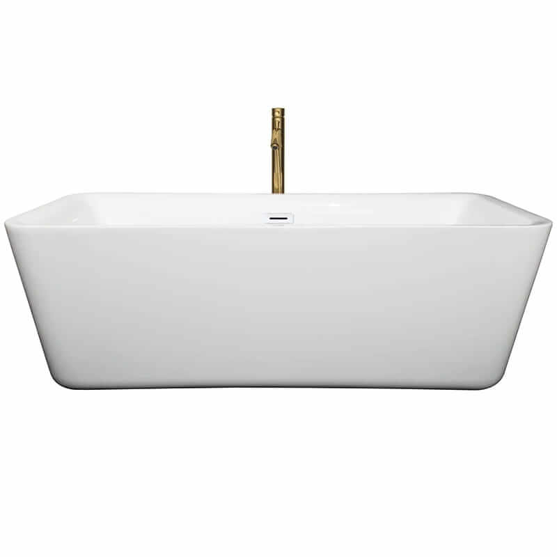 Wyndham Collection Emily 69 Inch Freestanding Acrylic White Bathtub With Shiny White Trim and Brushed Gold Faucet Front View