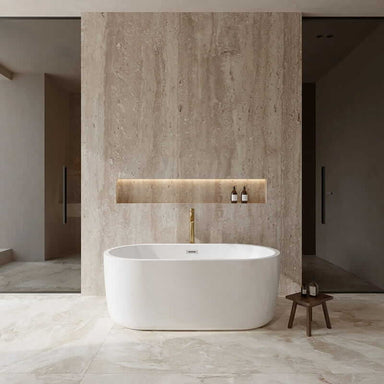Wyndham Collection Juliette 60" Freestanding Acrylic White Bathtub With Polished Chrome Trim and Brushed Gold Faucet Lifestyle