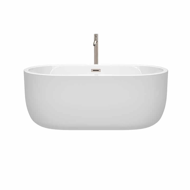 Wyndham Collection Juliette 60 Inch Freestanding Acrylic White Bathtub With Brushed Nickel Trim Front View