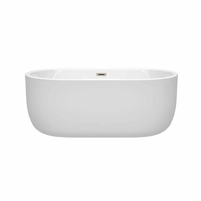 Wyndham Collection Juliette 60 Inch Freestanding Acrylic White Bathtub With Brushed Nickel Trim No Faucet Front View
