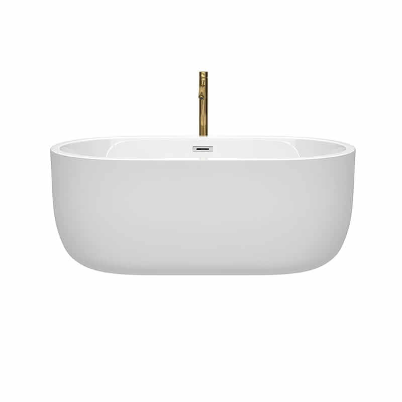 Wyndham Collection Juliette 60 Inch Freestanding Acrylic White Bathtub With Polished Chrome Trim and Brushed Gold Faucet Front View